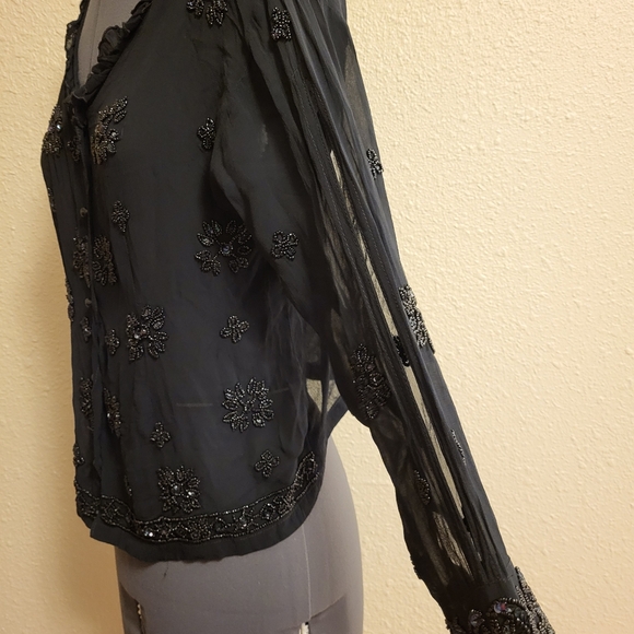 Papillon Sheer Black Beaded & Sequined Button-Up Top Size Large - Picture 7 of 13